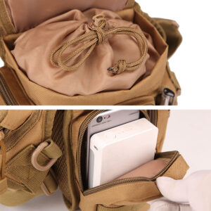 waist drop belt leg bag - tan - pocket holding phone